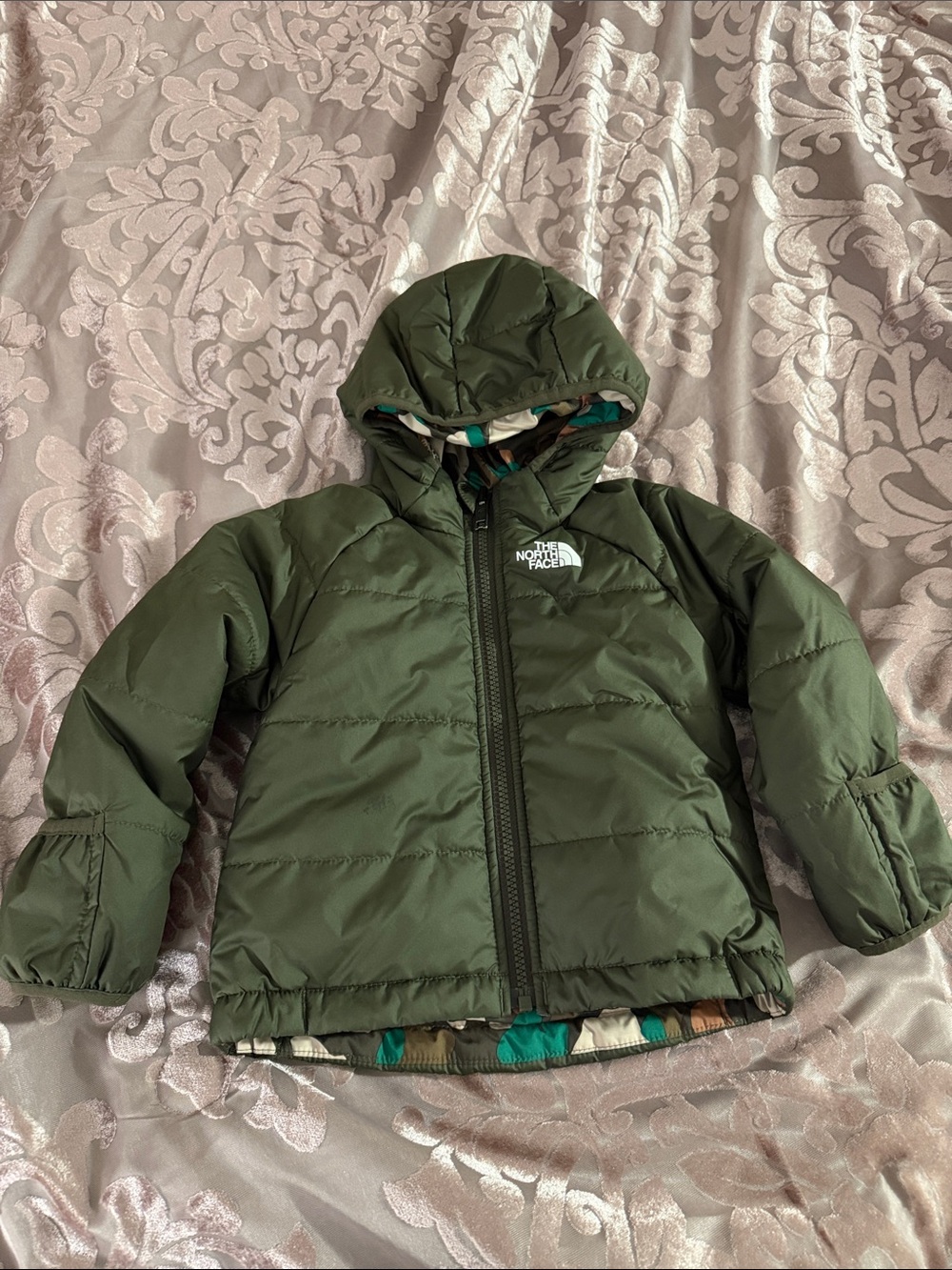 The North Face Olive Green Hooded Kids Puffer Jacket